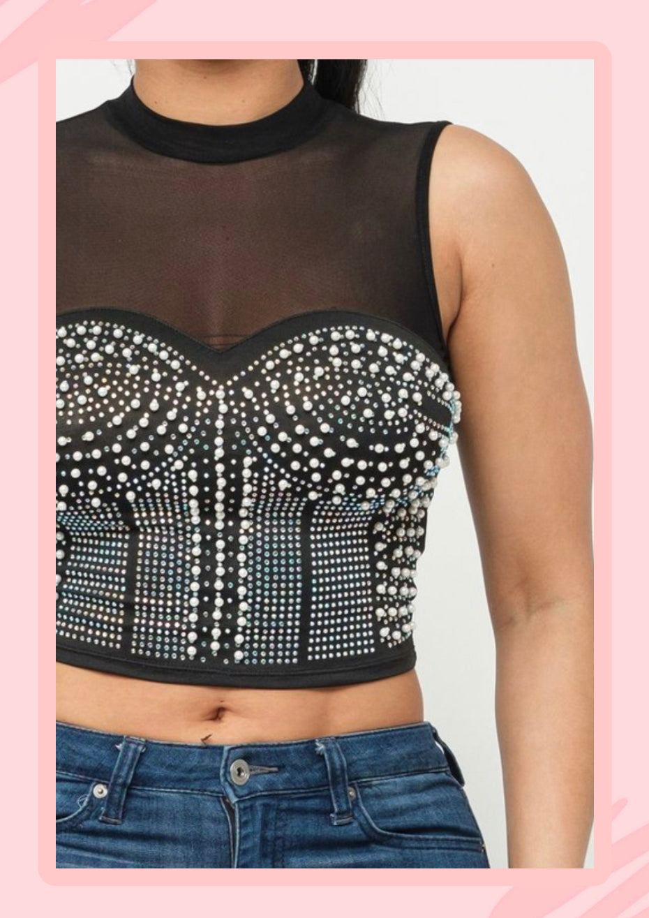 BLACK MESH PEARLS TOP