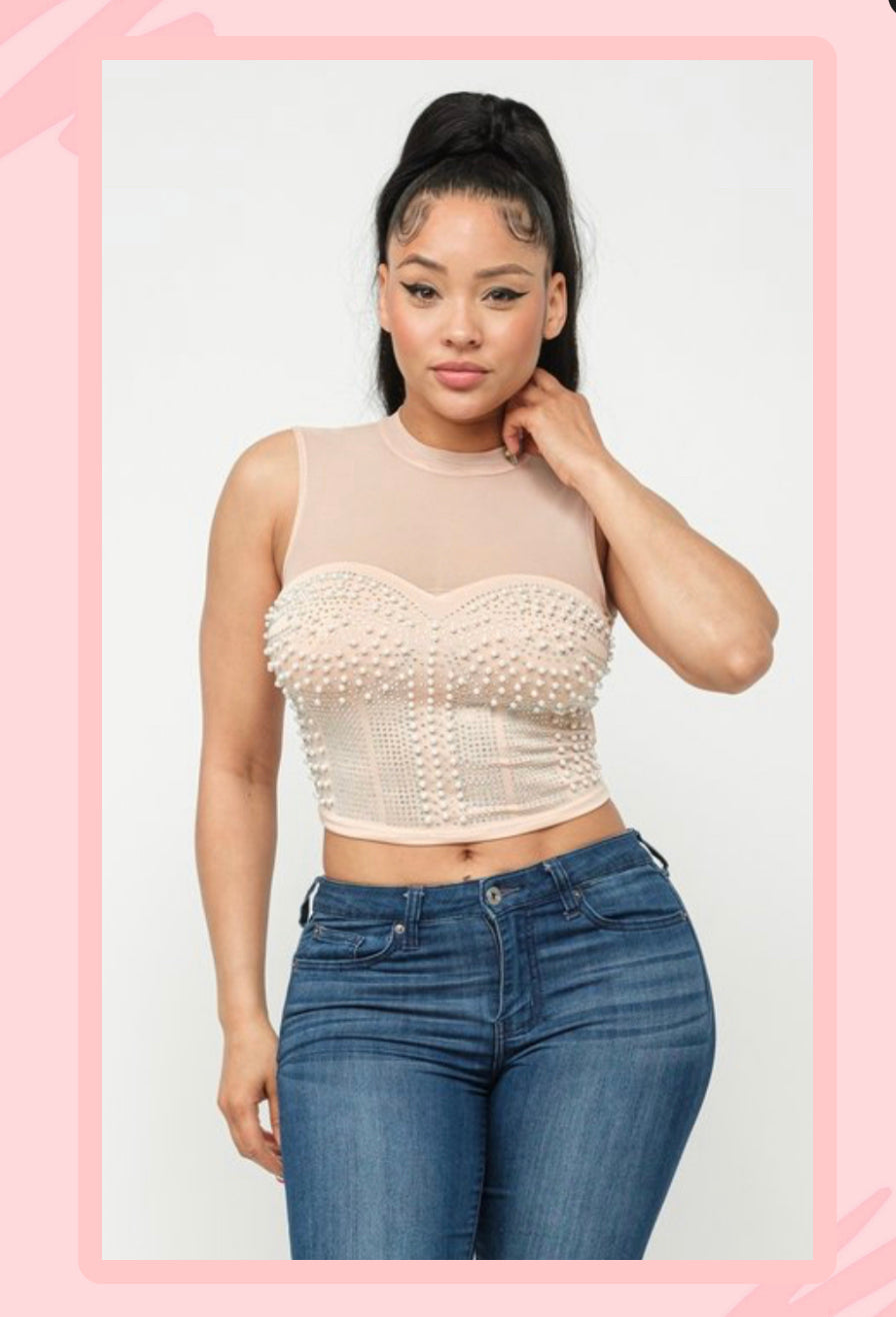 BEIGE MESH PEARL TOP